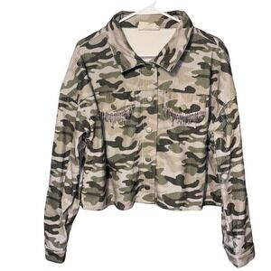 Savannah Jane Women's Medium Camo Corduroy Jacket Green‎ Rhinestone Fringe